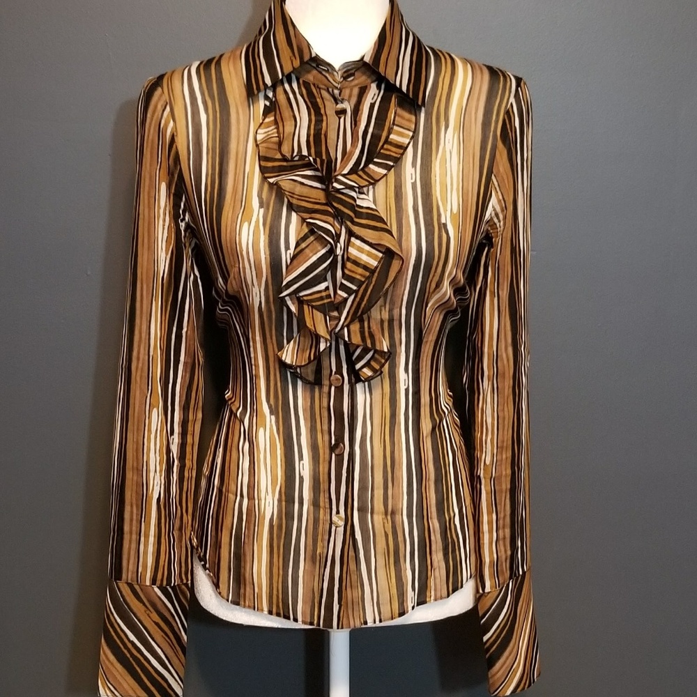 Worth Brown Striped Silk Ruffle front blouse